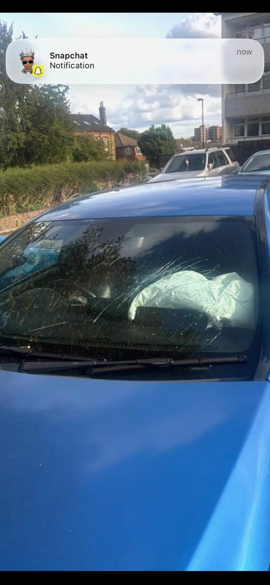 Close view of windscreen damage before repair